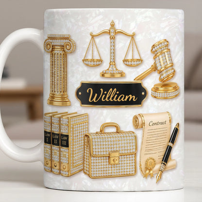 Personalized lawyer mug with golden scales of justice and custom name on mother of pearl background image 10