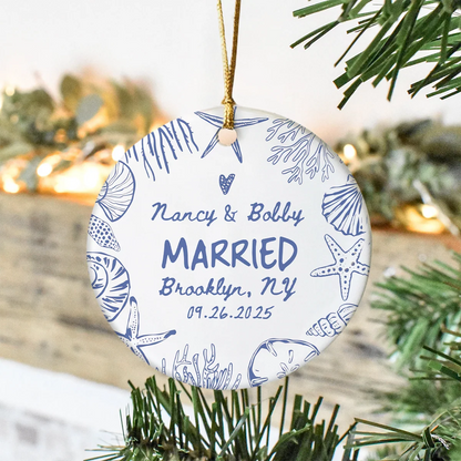 Personalized Engaged Coastal Ceramic Ornament - Custom Beach Wedding Keepsake Gift for Couples