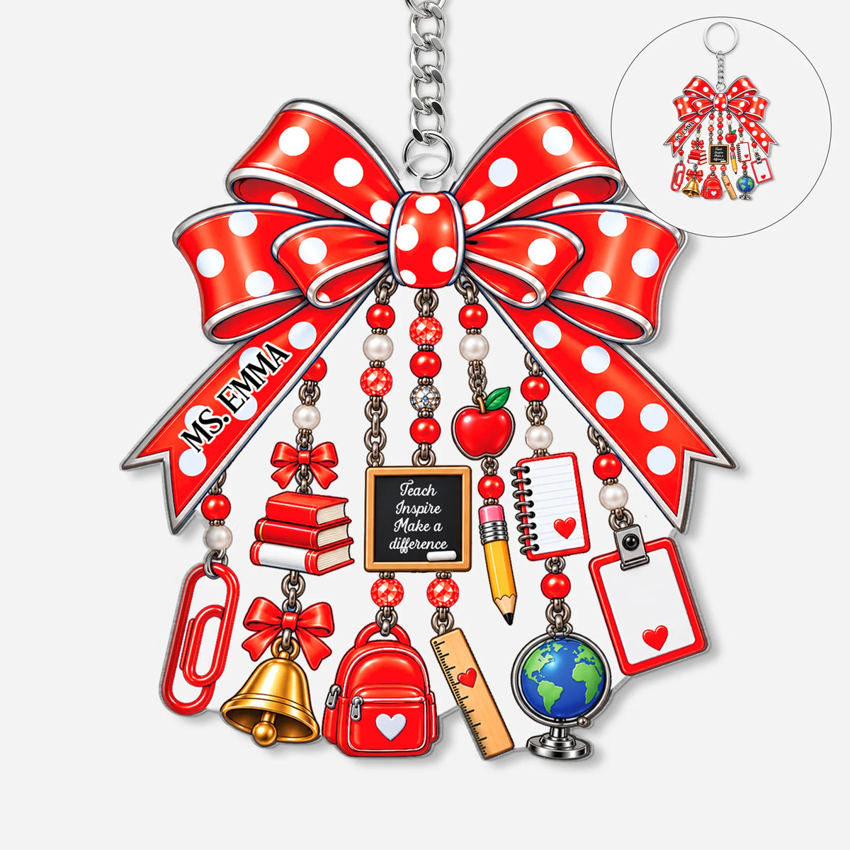 Teach Inspire Make A Difference Custom Name Acrylic Keychain - Personalized Back to School Bow Gift for Teachers