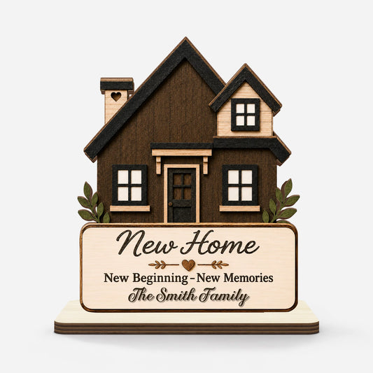 Custom housewarming gift wooden plaque printed with family name on flat stand