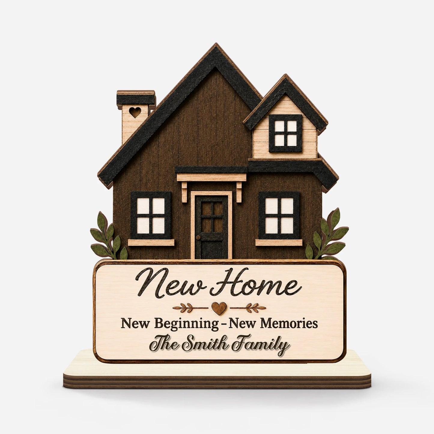 Custom housewarming gift wooden plaque printed with family name on flat stand