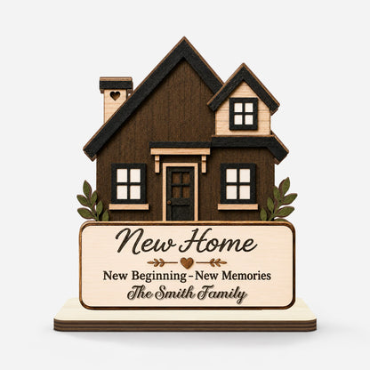 Custom housewarming gift wooden plaque printed with family name on flat stand