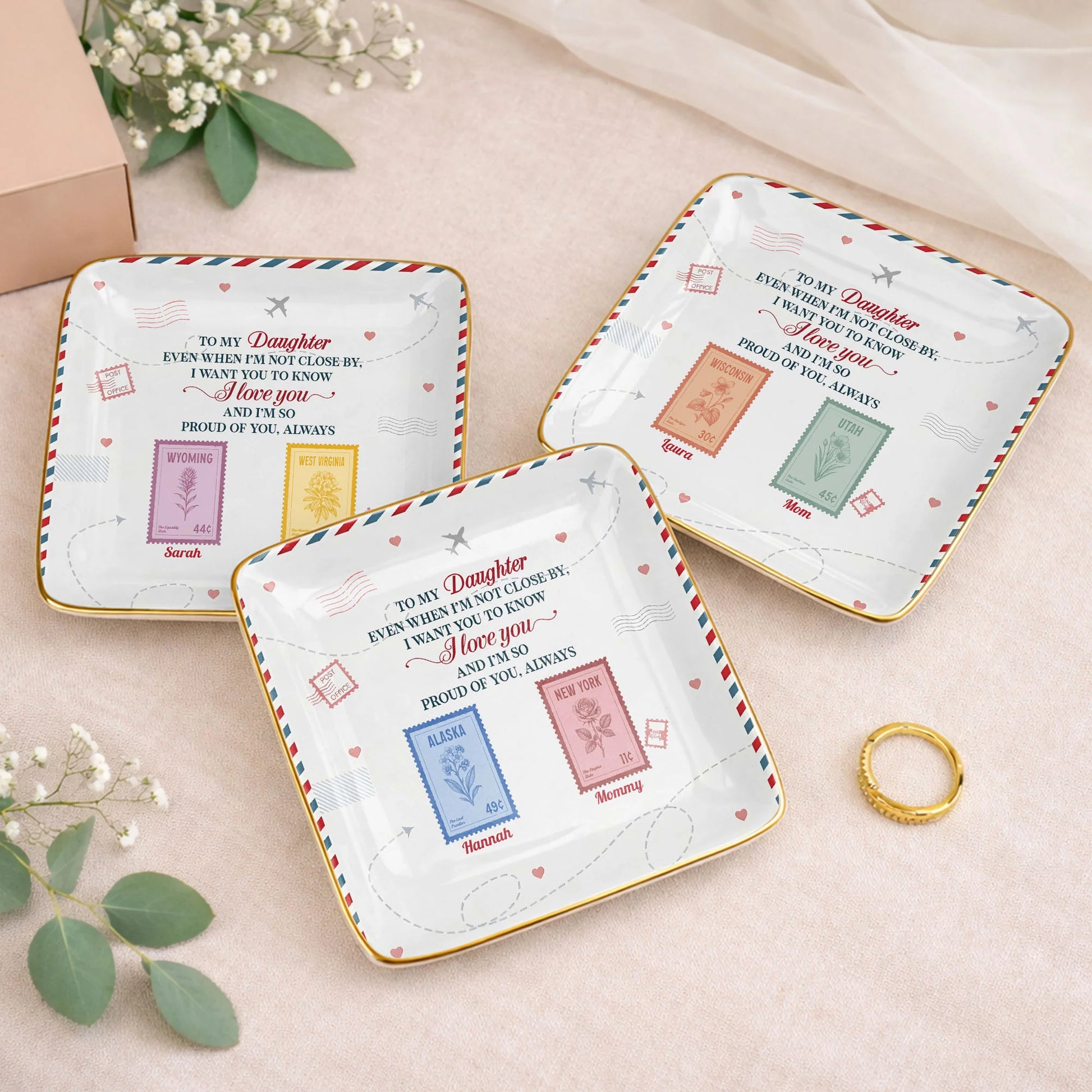 "To My Daughter Even When I'm Not Close By" Personalized Jewelry Dish - Custom Postage Stamp Ceramic Ring Tray Gift