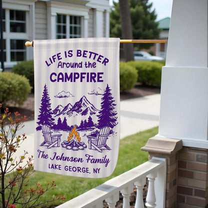 Personalized camping garden flag with Life Is Better Around The Campfire art and custom family name for outdoor decor image 6