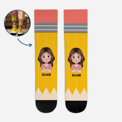 Personalized pencil socks with custom avatar and name print - funny back to school gift for teachers