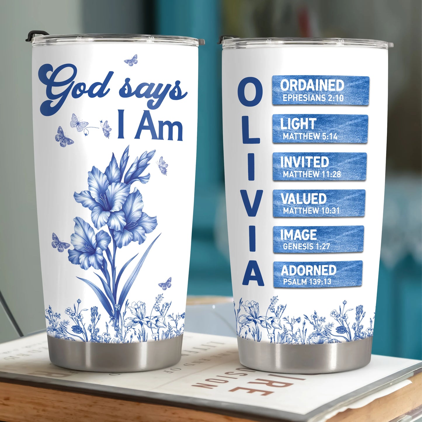 "God Says I Am" Personalized Tumbler - Floral Christian Bible Verse Name Cup