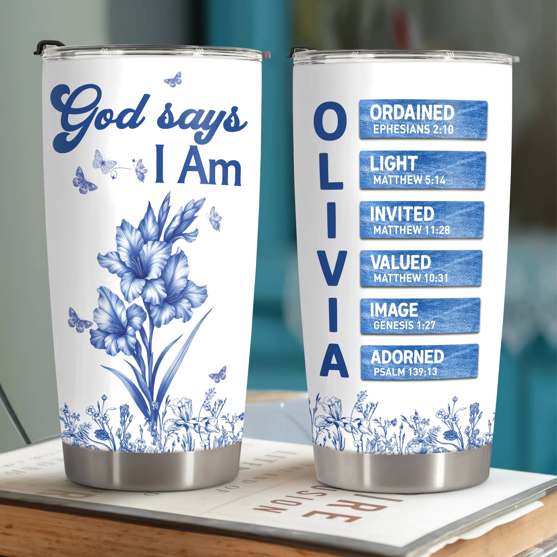 "God Says I Am" Personalized Tumbler - Floral Christian Bible Verse Name Cup