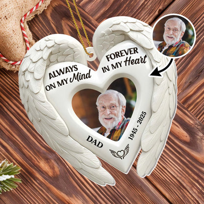 Always On My Mind Personalized Angel Wings Wooden Ornament - Custom Memorial Photo Keepsake for Family