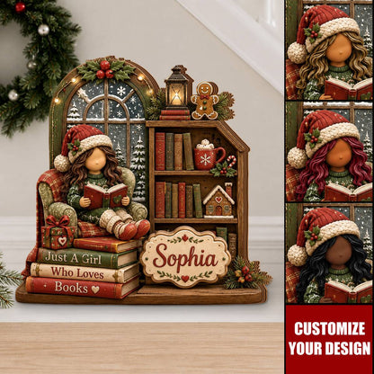 "Just A Girl Who Loves Books" Personalized Wooden Block - Custom Cozy Reading Nook Decor for Book Lovers