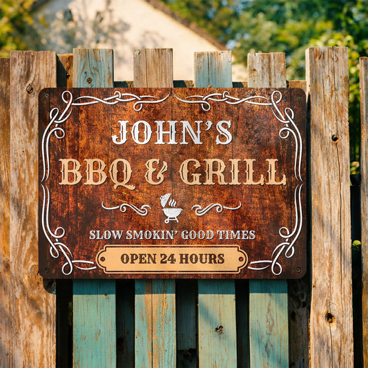 Personalized Bbq Grill Metal Sign for Dad with personalized design details for meaningful gifting