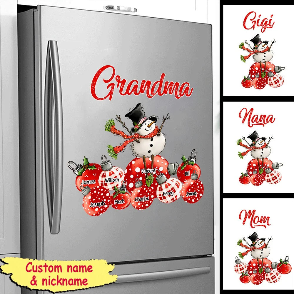 Personalized Snowman with Christmas Balls Decal Sticker Custom Name - Holiday Decor Gift for Grandma
