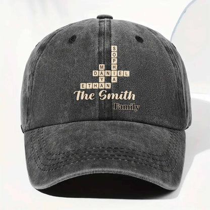 Family Crossword Names Personalized Washed Denim Cap - Reunion Keepsake for Dad & Mom