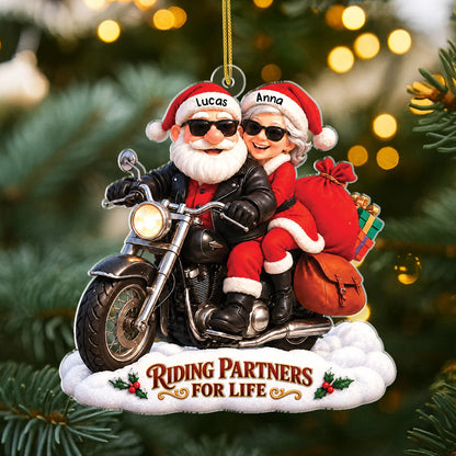Riding Partners For Life Personalized Couple Acrylic Ornament - Biker Santa Christmas Gift