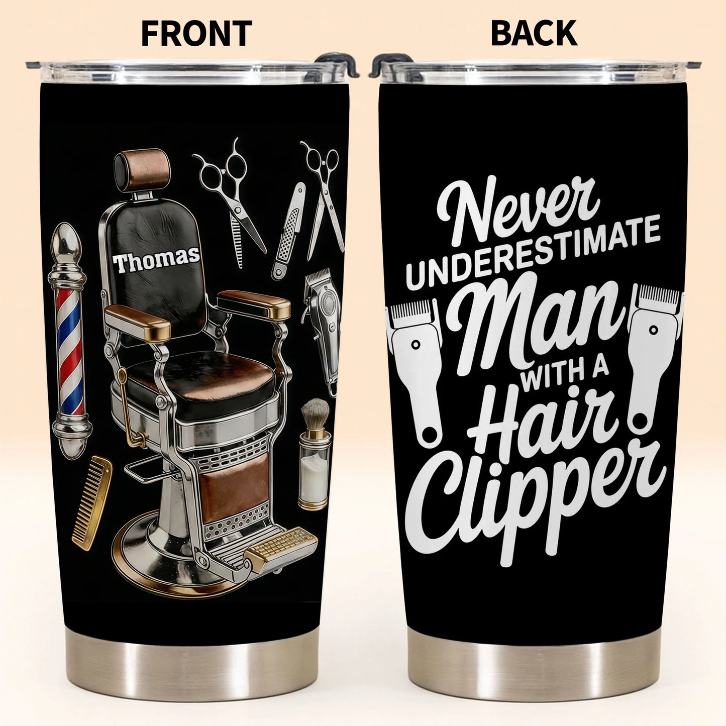 Tumbler material and size view - Personalized Barber Tumbler