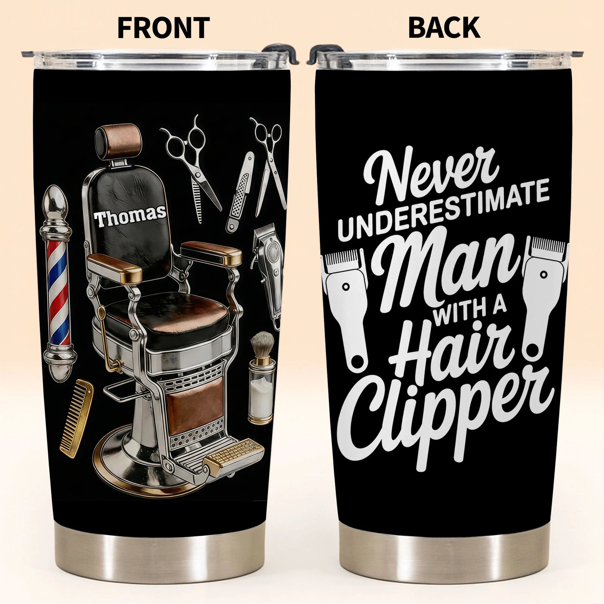 Tumbler material and size view - Personalized Barber Tumbler