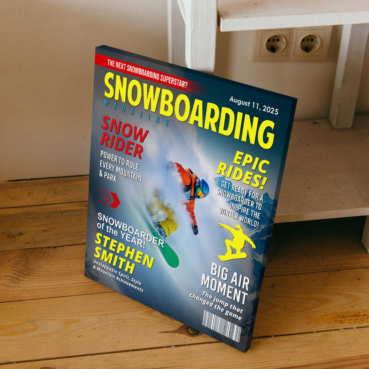 Custom snowboarding magazine cover canvas print featuring a snowboarder carving through fresh snow powder image 6