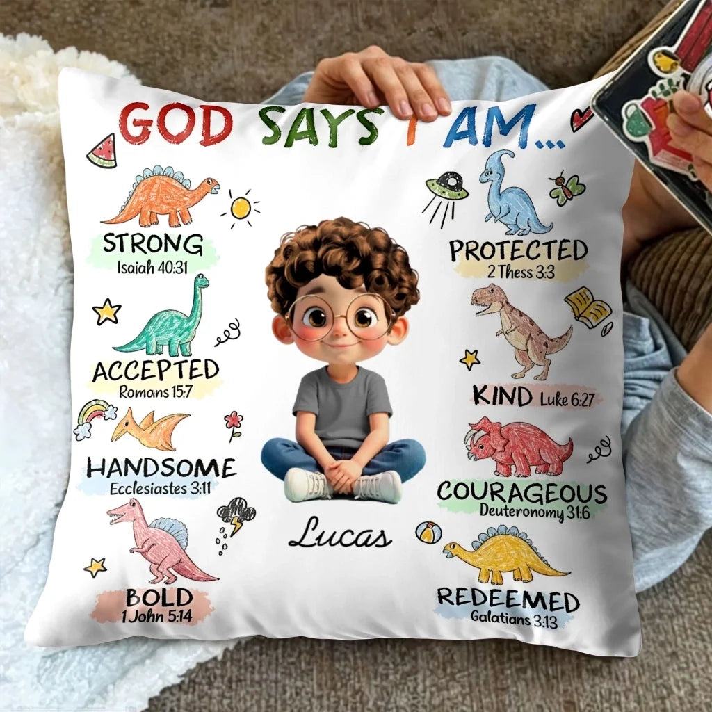 "God Says I Am Strong Protected Kind" Personalized Pillow - Custom Kids Gift