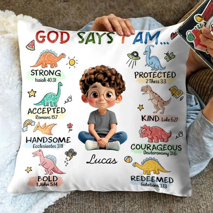 "God Says I Am Strong Protected Kind" Personalized Pillow - Custom Kids Gift