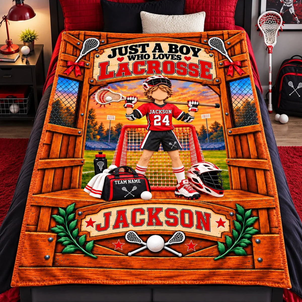 Just A Boy Who Loves Lacrosse Personalized Blanket - Custom Player Name Gift for Son