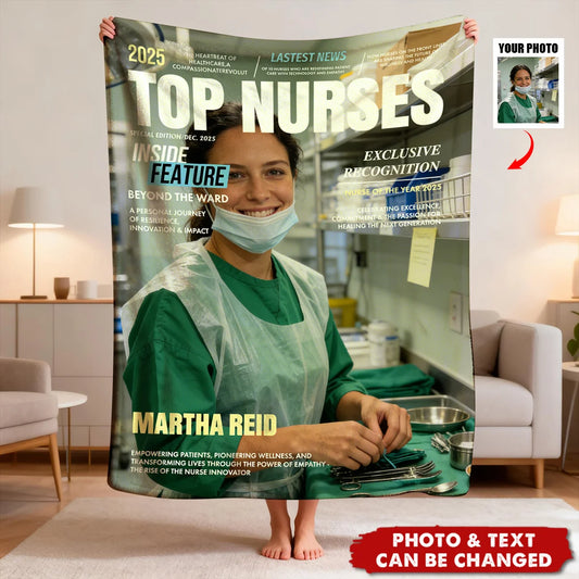 Custom nurse photo blanket styled as a Top Nurses magazine cover for nurse appreciation gift