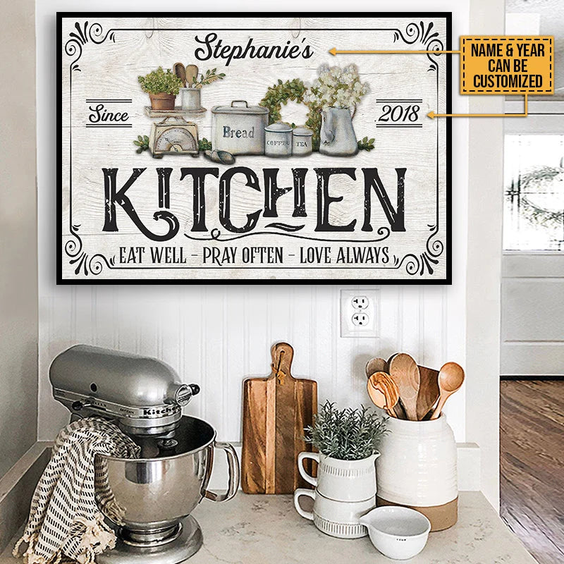 "Eat Well Pray Often Love Always" Personalized Kitchen Wall Art - Custom Farmhouse Canvas / Poster Gift for Family