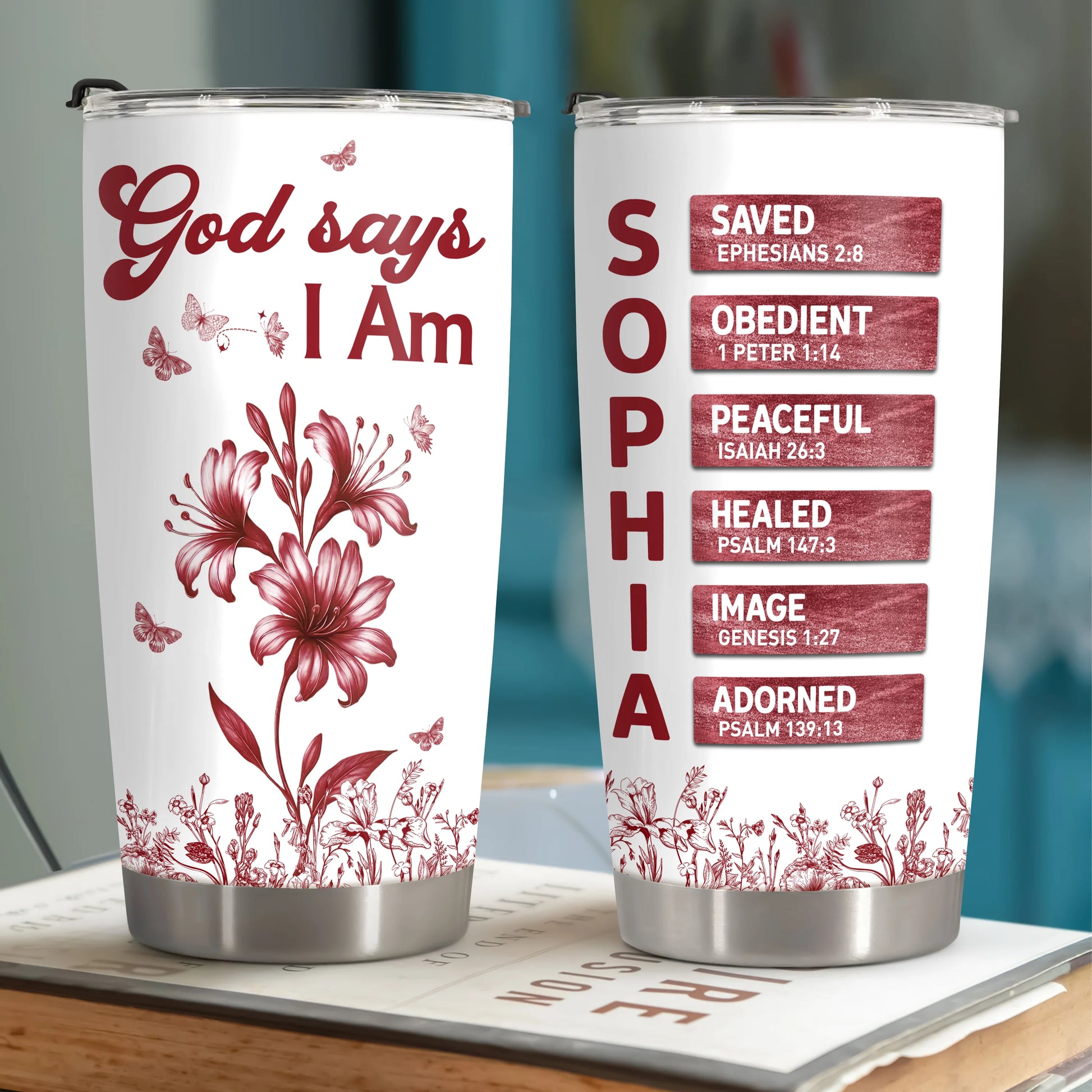 "God Says I Am" Personalized Tumbler - Floral Christian Bible Verse Name Cup