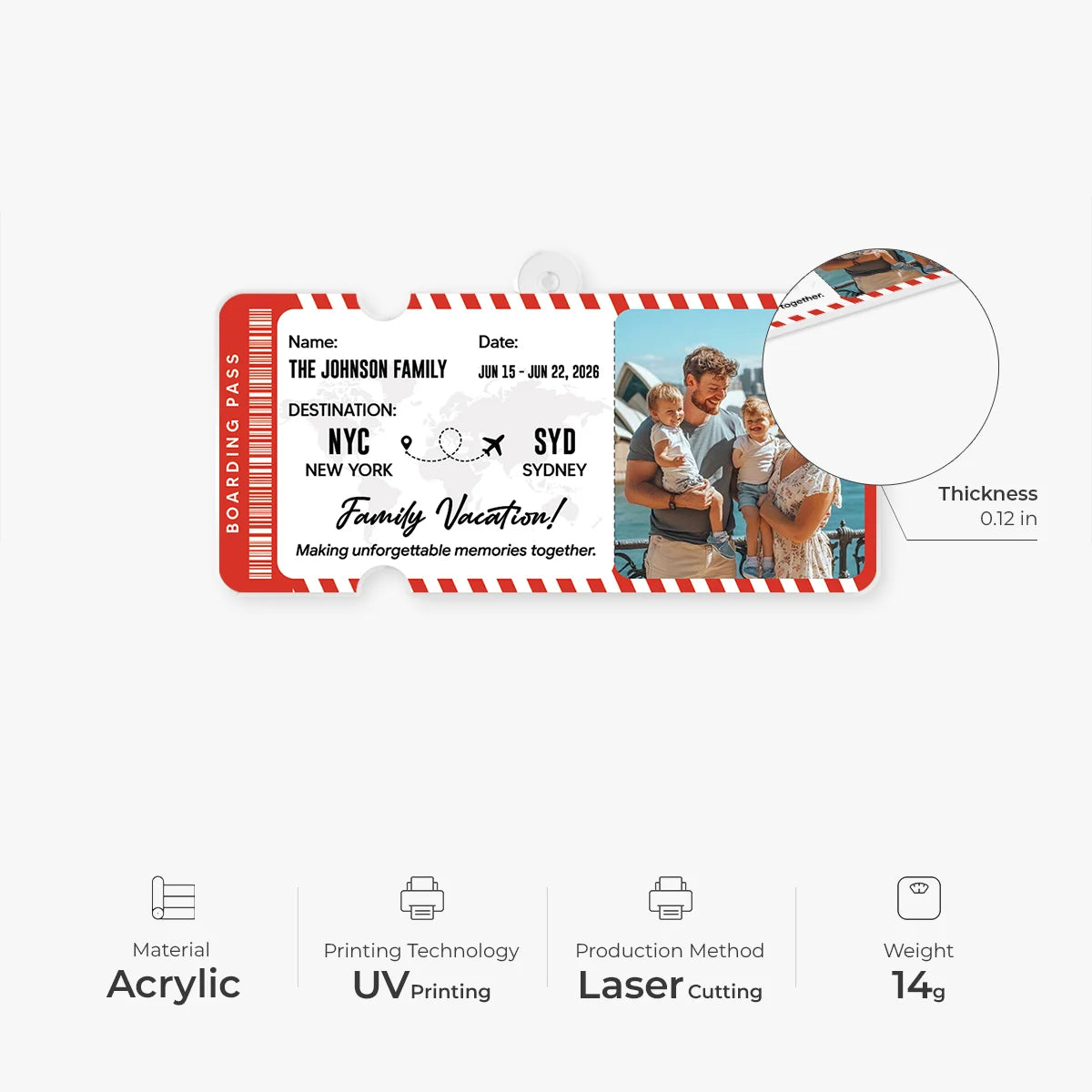Family Vacation Custom Photo Acrylic Ornament - Personalized Flight Ticket Keepsake Gift