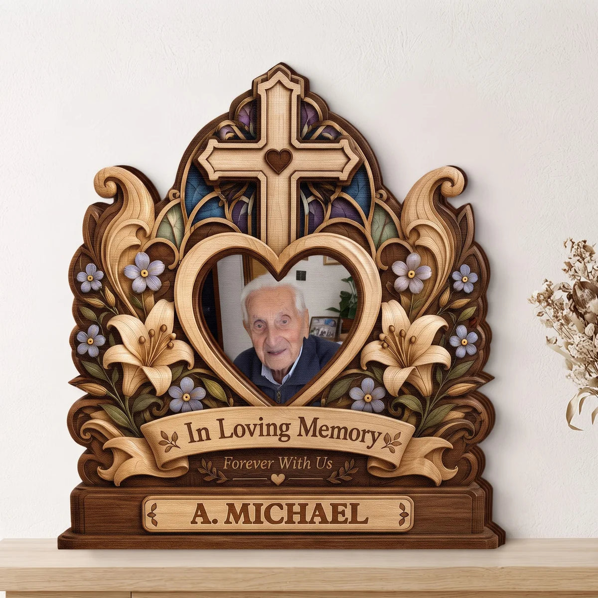 In Loving Memory Custom Photo Cross Wooden Block - Personalized Memorial Keepsake Gift for Family