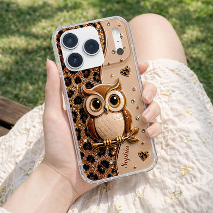 Personalized clear phone case featuring a cute wise owl on a branch with leopard print glitter hearts design image 10
