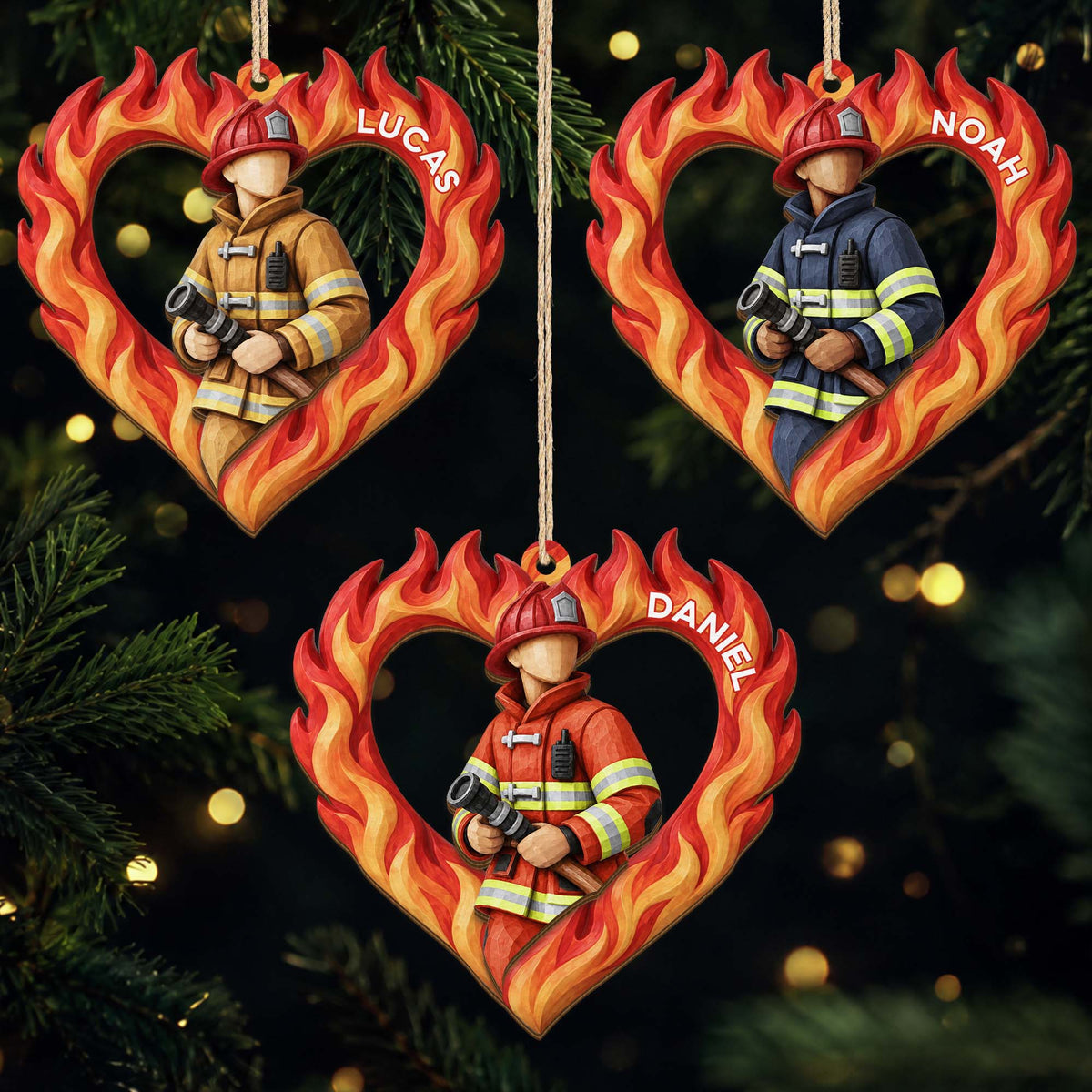 Personalized Firefighter Heart Wood Ornament - Custom Keepsake for Fire Department