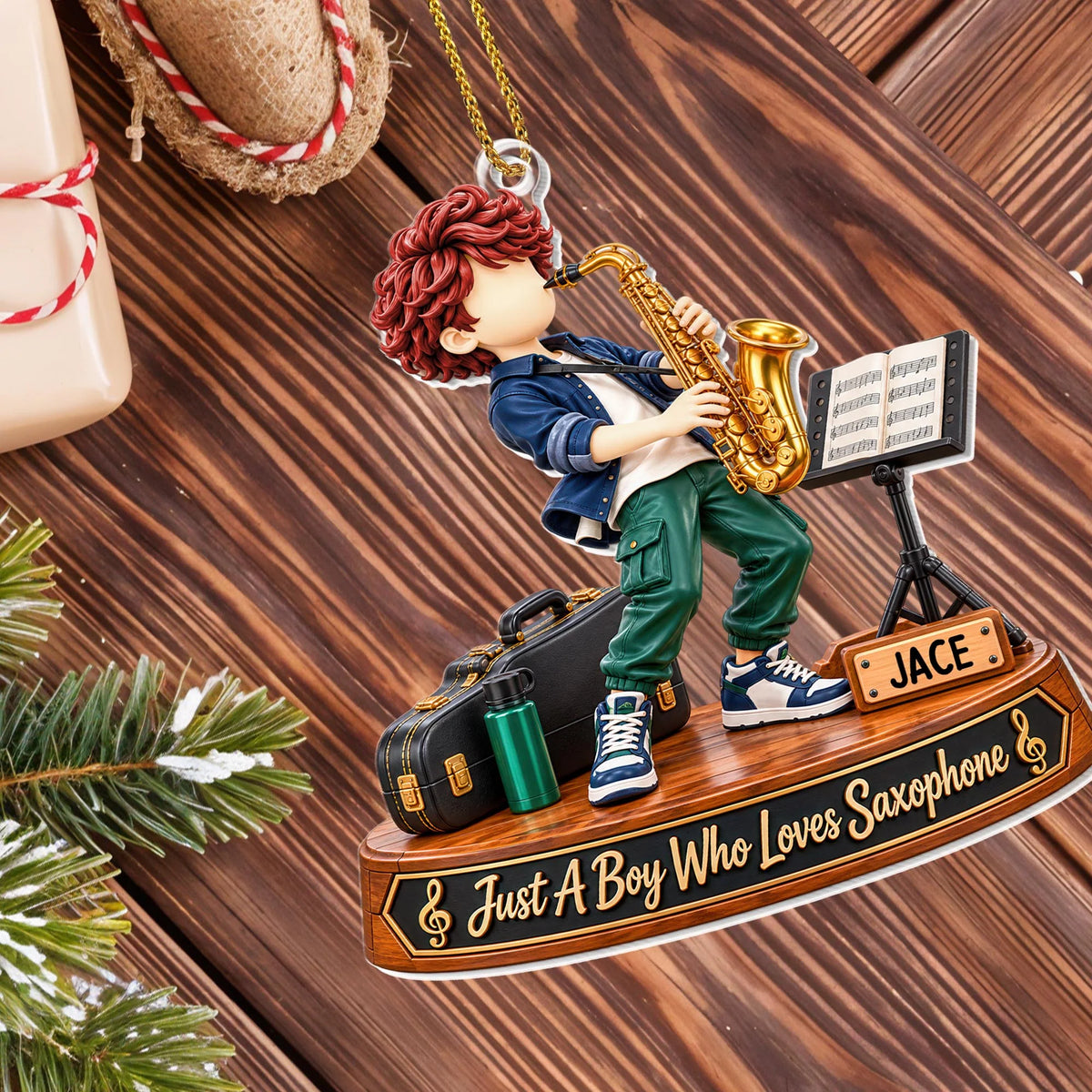 "Just A Boy Who Loves Saxophone" Personalized Acrylic Ornament - Custom Christmas Gift for Son or Grandson