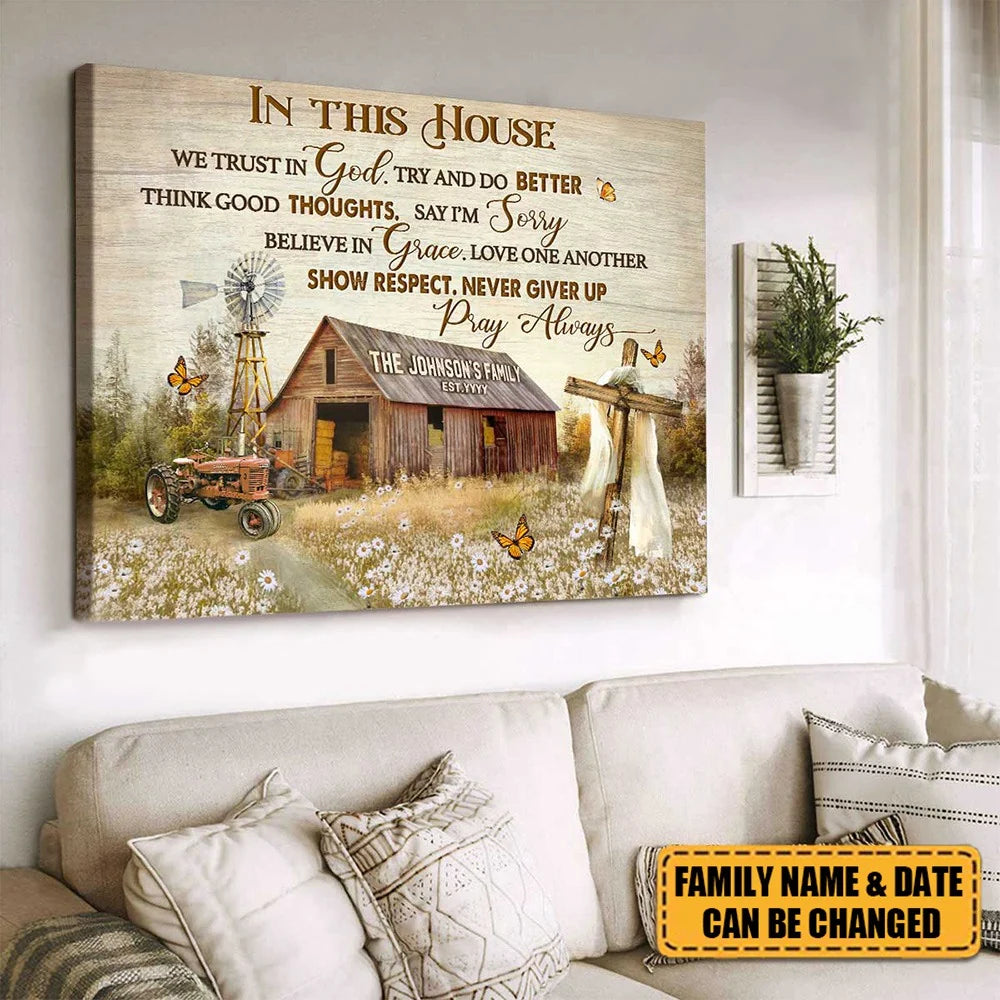 In This House We Trust In God Personalized Canvas / Poster - Custom Family Housewarming Wall Art Gift