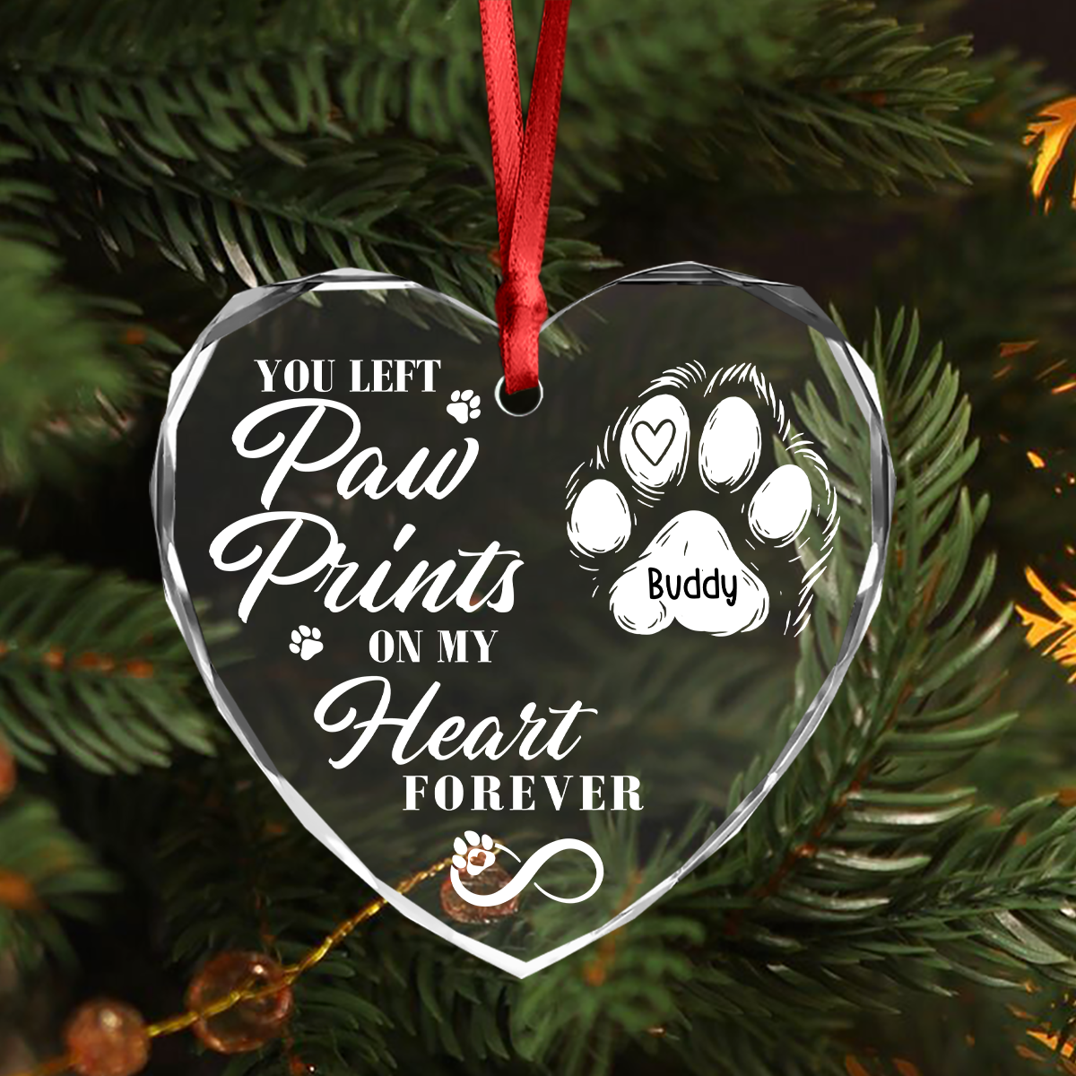 "You Left Paw Prints On Our Hearts Forever" Personalized Glass Ornament - Custom Pet Memorial Keepsake for Dog Lovers