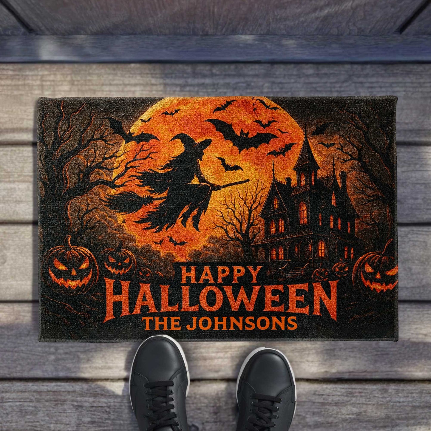 Happy Halloween Witch And Bats Design