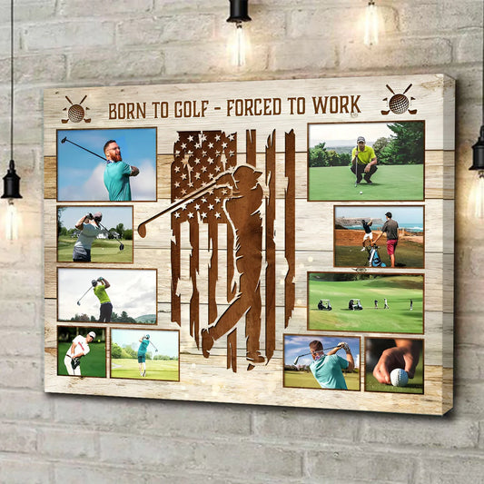 Personalized US golf photo collage canvas with American flag background and custom pictures - custom golfer gift