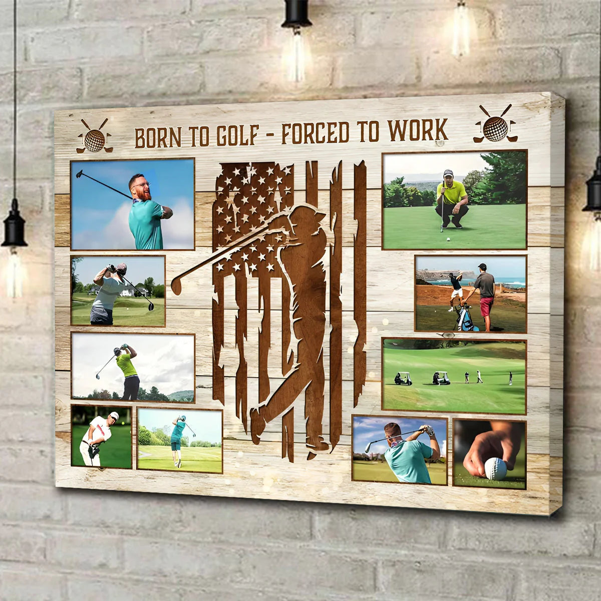 Personalized US golf photo collage canvas with American flag background and custom pictures - custom golfer gift