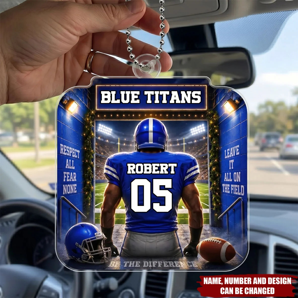 "Play Hard Win Proud" Personalized Football Acrylic Car Ornament - Custom Gift for Sports Fans