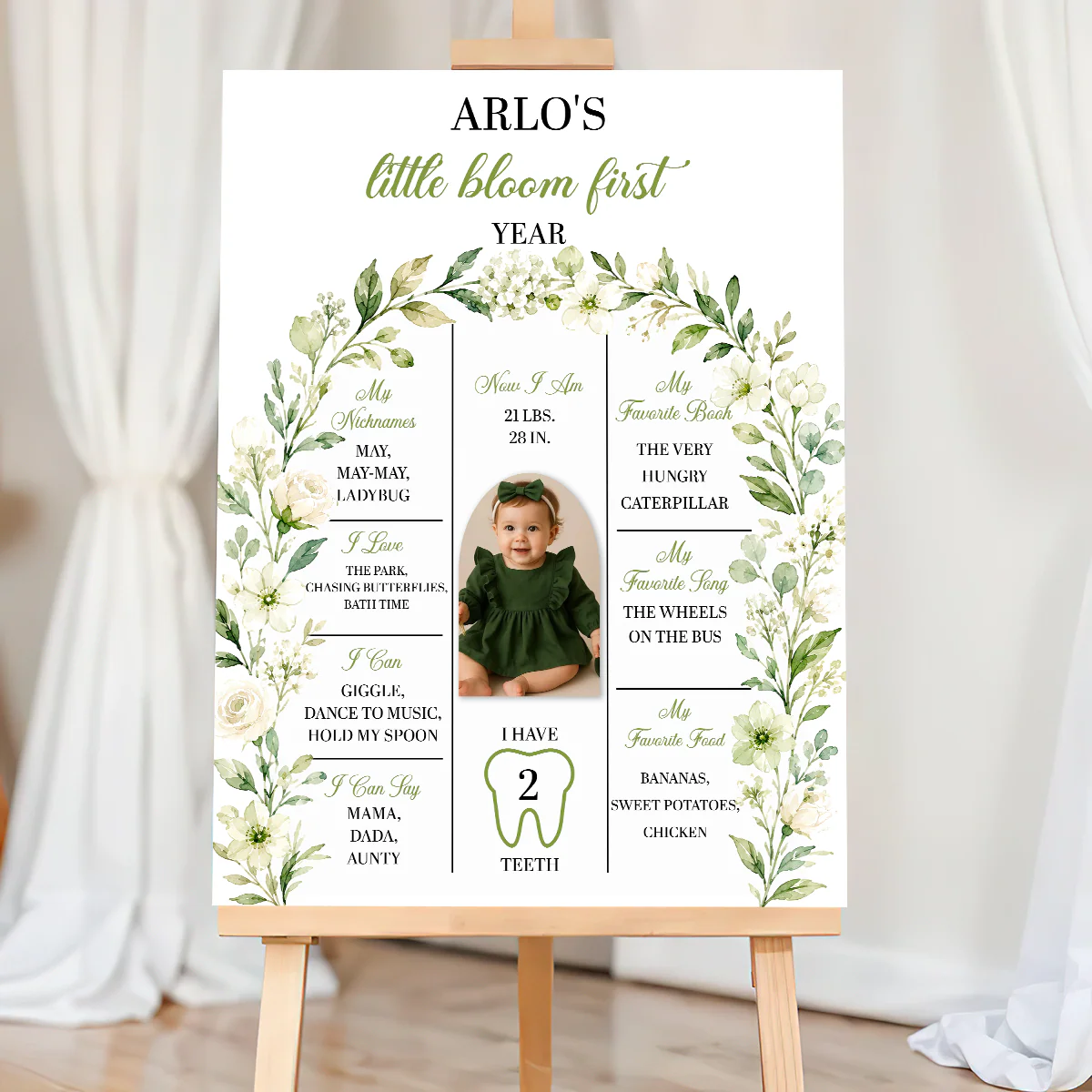 Canvas / Poster material and size view - Personalized Baby First Birthday Milestone Poster
