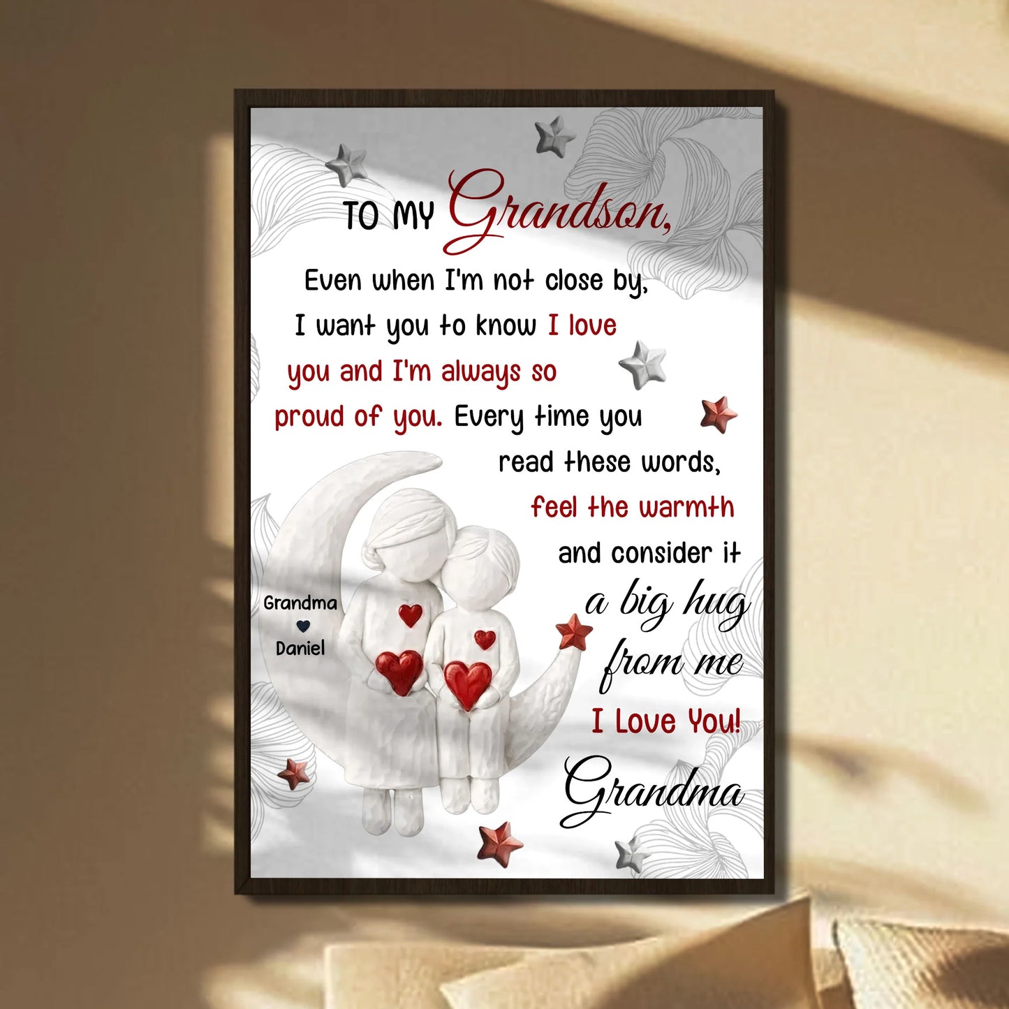 Personalized grandson poster with moon and stars art and sentimental Grandma hug quote