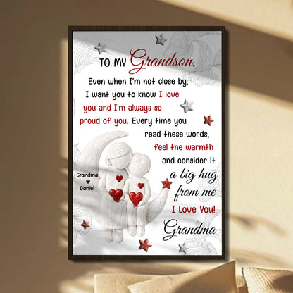 Personalized grandson poster with moon and stars art and sentimental Grandma hug quote