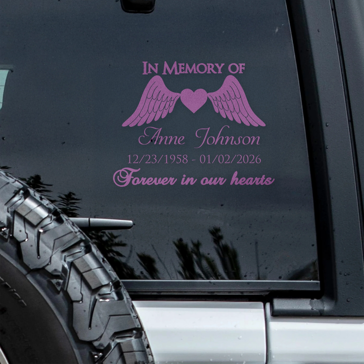 In Memory Of Forever In Our Hearts - Personalized Memorial Car Decal Sticker for Family Tribute