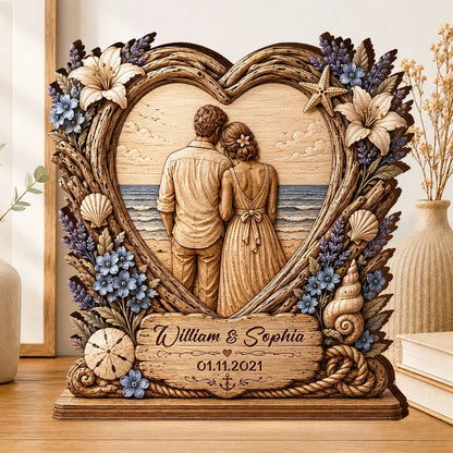 Personalized Beach Ocean Heart Wooden Block - Custom Anniversary Keepsake Gift for Couple