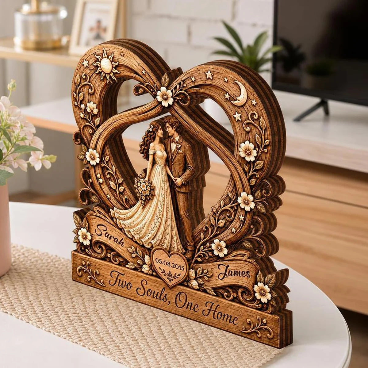 "Two Souls One Home" Personalized Couples Wooden Block - Custom Heart Anniversary Keepsake Gift for Wife Husband