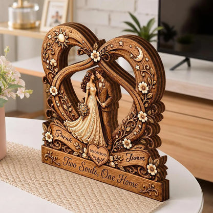 "Two Souls One Home" Personalized Couples Wooden Block - Custom Heart Anniversary Keepsake Gift for Wife Husband