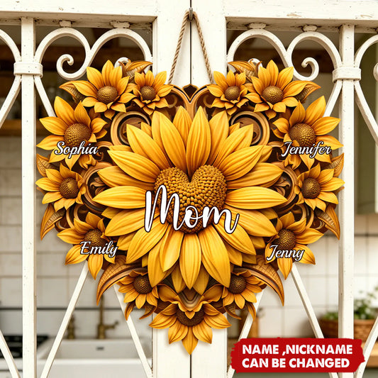 Personalized mom wood sign with vibrant sunflower design and custom family names for Mother's Day gift