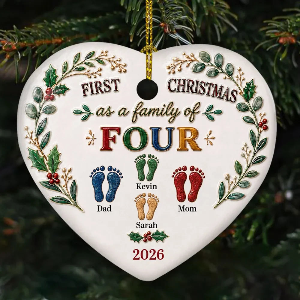 First Christmas as a Family of Three - Personalized Ceramic Heart Ornament Gift