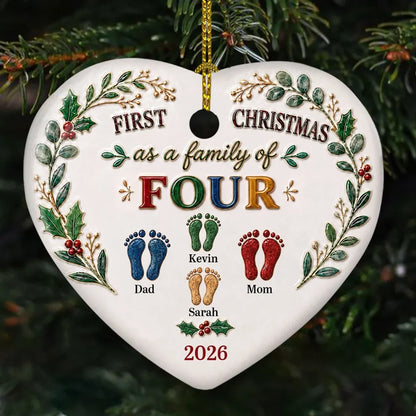 First Christmas as a Family of Three - Personalized Ceramic Heart Ornament Gift