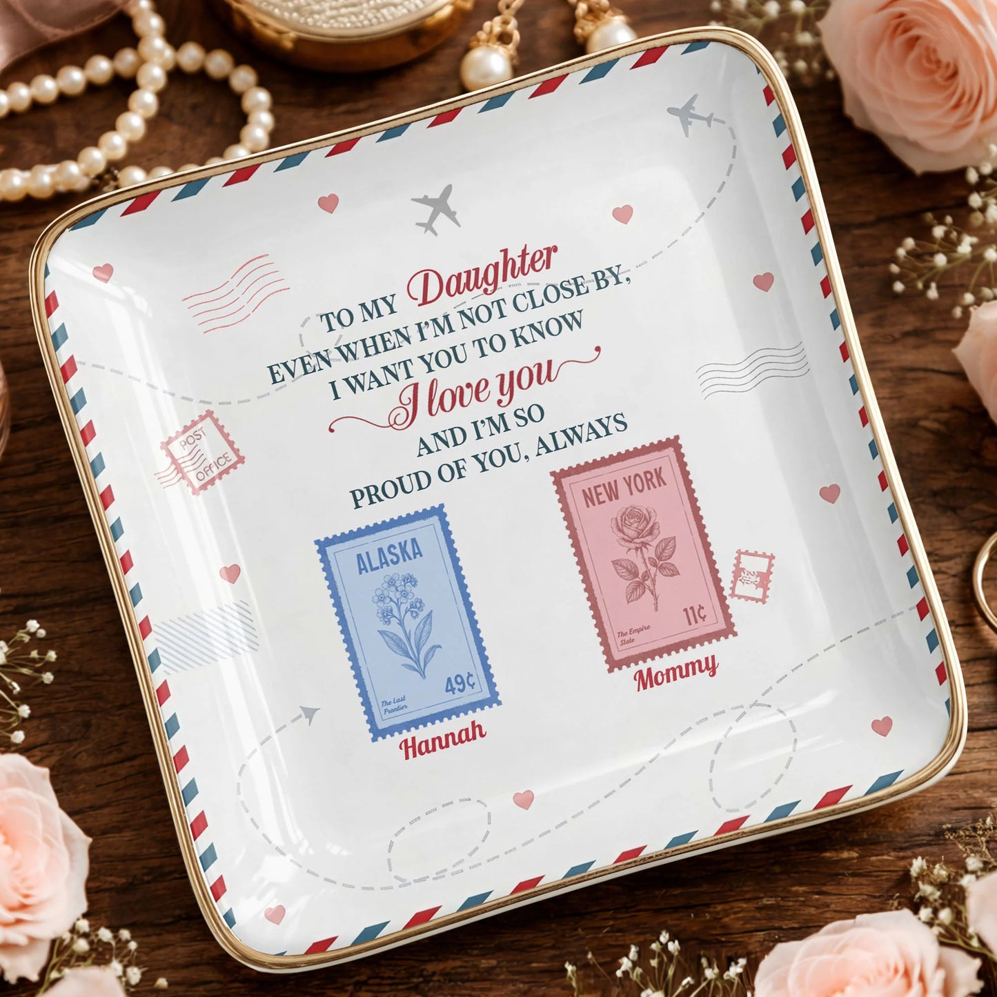 "To My Daughter Even When I'm Not Close By" Personalized Jewelry Dish - Custom Postage Stamp Ceramic Ring Tray Gift