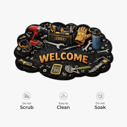 Welcome Toolbox Personalized Shaped Doormat - Custom Garage Workshop Mat for Dad