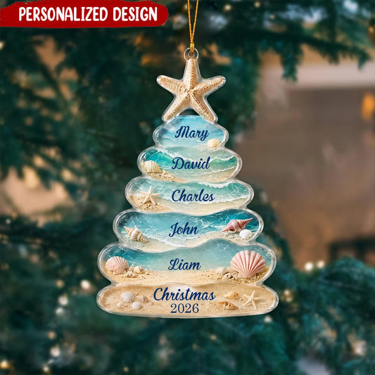 Coastal Sea Glass Tree Personalized Acrylic Ornament - Custom Christmas Holiday Keepsake for Family